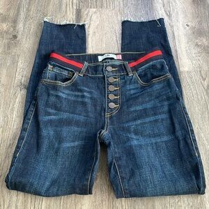 CAbi Button Fly Simone Skinny #3751, High Rise Dark Wash, Raw Hem, size 2